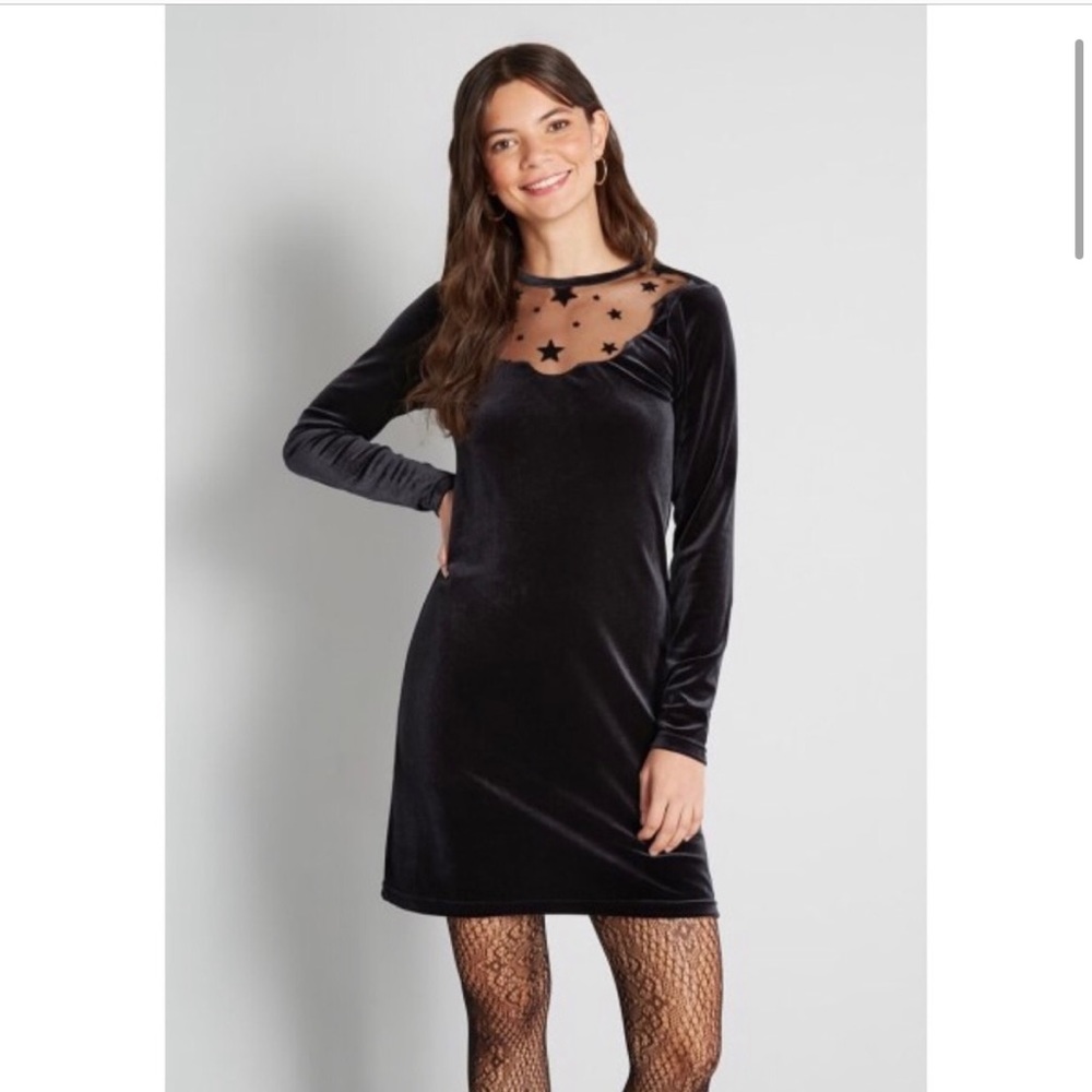NWT ModCloth Mini Dress Black Velvet Medium Stars Celestial Witchy Whimsigoth - Picture 1 of 10